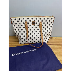 Dooney Bourke White Blue Polka Dot Large Zip Shopper Tote Shoulder Bag